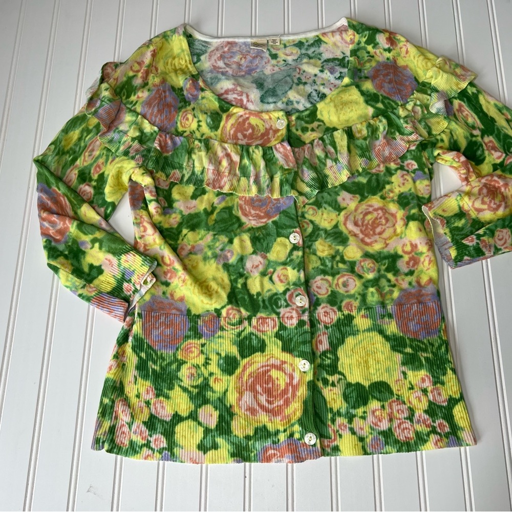 Anthropologie Floral Ruffle Cardigan in Green, Yellow, Pink, Blue